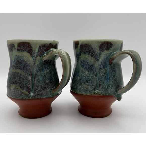 Pincu Art Pottery Blue & Green Drip Glaze 5” Pinch Mug Set of 2 ~ Signed